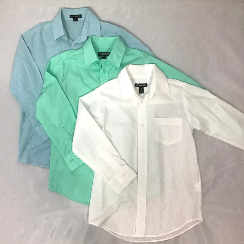 Lot of 3 George Boys White Green Button Down Long Sleeve Collared Shirts